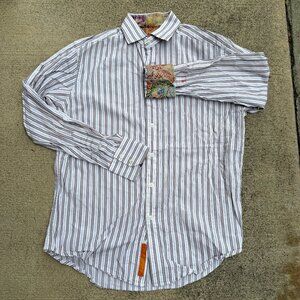 Robert Graham Button Up Shirt Mens Medium White Stripe Jacquard Flip Cuff